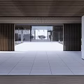 Garden Landscape Design For Modern Entrance With White Pillars Wooden Ceiling And Open Courtyard