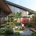 Tranquil Japanese Courtyard Garden Featuring Wooden Sliding Screens Bamboo Pine And Red Leaf Plants