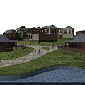 Aerial View Planning of Resort Community With Lush Trees Swimming Pool Water Channels and Green Landscape
