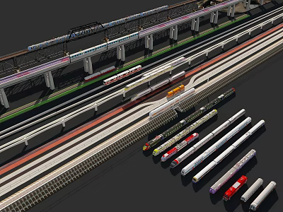 Various Colored Train Carriages on Multiple Tracks at Train Station Platform 3d model