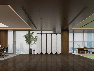 Modern Open Office With Large Windows Wooden Floors Green Plants And City View 3d model