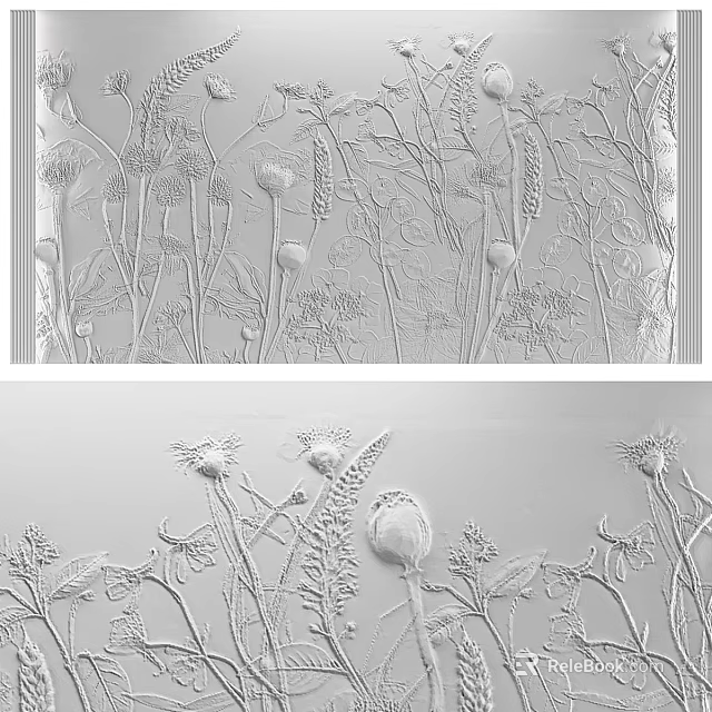 3D Floral Relief Wall Decor With Botanical Patterns And Textured Design 3d model
