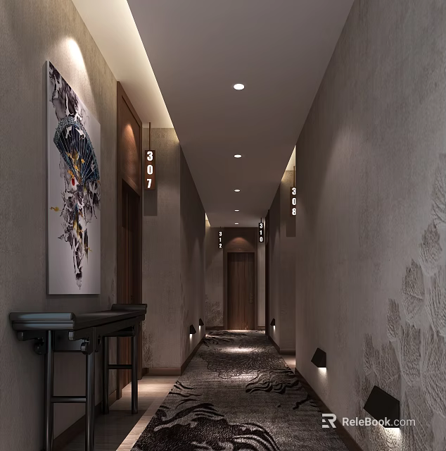Modern Elevator Hallway Interior With Gray Walls Abstract Art Black Console Table And Patterned Carpet 3d model 