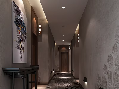 Modern Elevator Hallway Interior With Gray Walls Abstract Art Black Console Table And Patterned Carpet 3d model