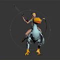 Young Girl Riding Blue Mythical Bird With Yellow Beak Claws And Spear