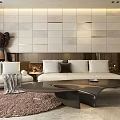 Modern Living and Dining Room Interior Design With Sofa Coffee Table Rug And Tile Wall