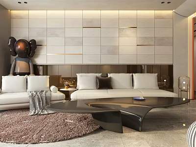 Modern Living and Dining Room Interior Design With Sofa Coffee Table Rug And Tile Wall 3d model