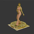 Woman Standing in Pink Patterned Outfit on Circular Platform with Gear Patterns Against Dark Background