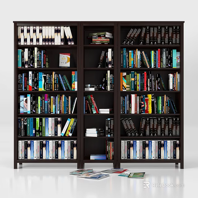 Well Organized Wooden Bookcase Filled With Various Colored Books On Shelves 3d model 