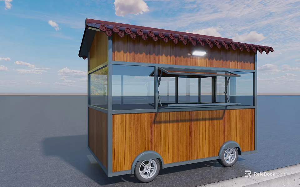 Functional Mobile Food Cart Featuring Wooden Structure Red Tiled Roof And Glass Vending Windows 3d model 