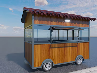 Functional Mobile Food Cart Featuring Wooden Structure Red Tiled Roof And Glass Vending Windows 3d model