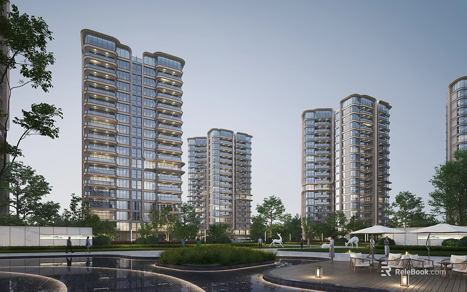 Modern High Rise Residential Buildings With Surrounding Greenery Water Pool and Recreational Areas 3d model 