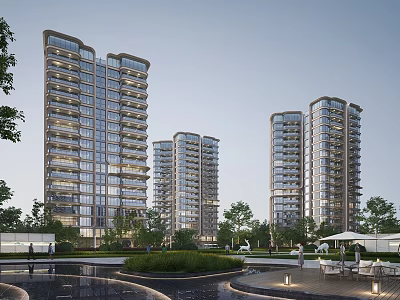 Modern High Rise Residential Buildings With Surrounding Greenery Water Pool and Recreational Areas 3d model