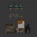 Rustic Furniture Shelves And Wooden Crate With Ceramic Vases Potted Plants And Picture Frame