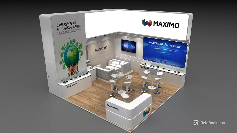 MAXIMO Exhibition Booth Modern Design With Green Earth Graphics Display Screens And Wooden Flooring 3d model 