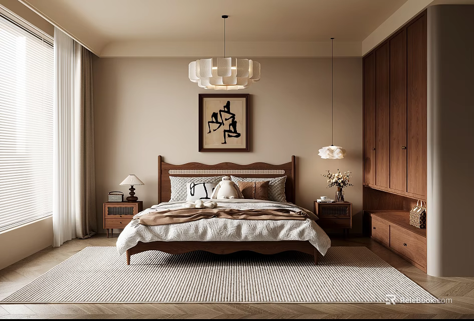 Cozy Bedroom Interior With Wooden Bed Chandelier Abstract Painting And Rugs 3d model 