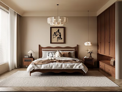 Cozy Bedroom Interior With Wooden Bed Chandelier Abstract Painting And Rugs 3d model