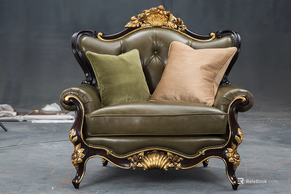 Classic Carved Single Sofa With Olive Green Leather Upholstery And Accent Pillows 3d model 