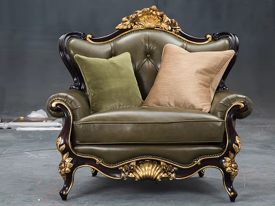 Classic Carved Single Sofa With Olive Green Leather Upholstery And Accent Pillows 3d model