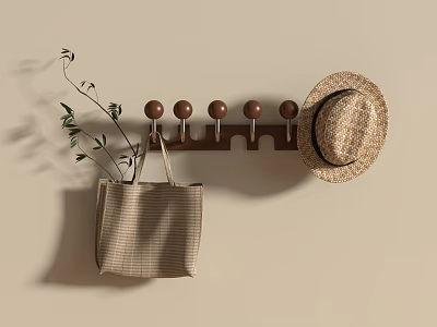 Wooden Hook Rack With Straw Hat Woven Tote Bag And Green Plant Branch 3d model