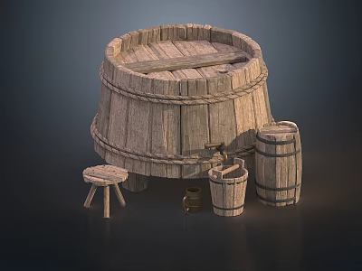 Traditional Wooden Household Items Including Large Barrel Small Stool Bucket And Jar 3d model