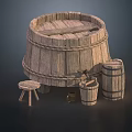 Traditional Wooden Household Items Including Large Barrel Small Stool Bucket And Jar