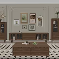 Classic Wooden TV Stand With Framed Artworks Paneled Walls And Glass Door Cabinets
