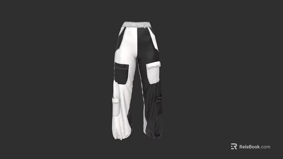 Black And White Cargo Pants With Multiple Pockets Loose Fit Design 3d model 