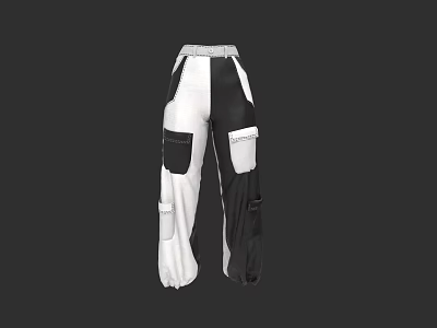 Black And White Cargo Pants With Multiple Pockets Loose Fit Design 3d model