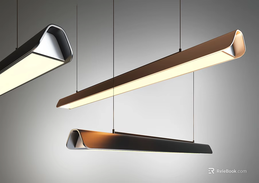 Modern Sleek Pendant Lights with Long Strip Design Black and Gold Illumination 3d model 