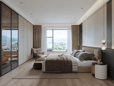 Modern Bedroom Interior With Bed Window Chair And Wooden Floor Curtains 3d model