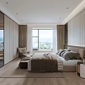 Modern Bedroom Interior With Bed Window Chair And Wooden Floor Curtains