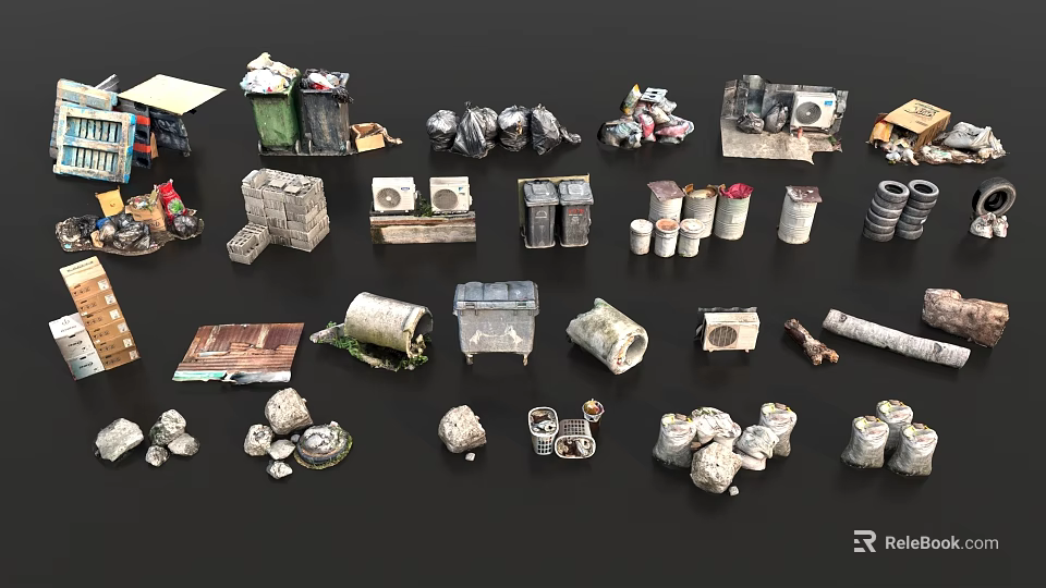 Collection of Various Waste Items Including Trash Bins Plastic Bags and Appliances 3d model 
