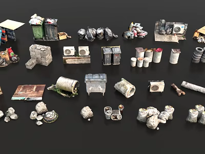 Collection of Various Waste Items Including Trash Bins Plastic Bags and Appliances 3d model
