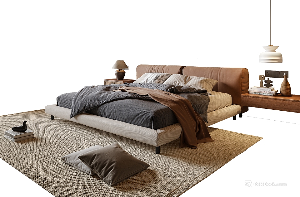 Modern Double Bed with Brown Headboard Gray Bedding Nightstands Table Lamp and Rug 3d model 