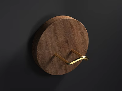 Circular Wooden Wall Hook With Wood Grain And Gold Hook Mounted On Dark Wall 3d model