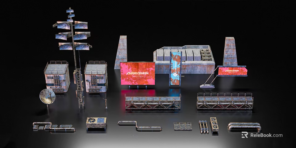 Cyber Space Themed Industrial Modules With Futuristic Structures And Red Screens 3d model