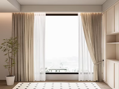 Beige And White Layered Curtains In Modern Room With Large Window View 3d model