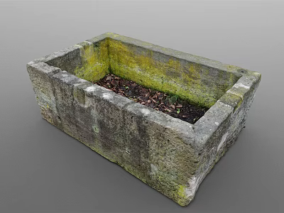 Mossy Stone Rectangular Planter With Soil And Fallen Leaves For Garden Decor 3d model
