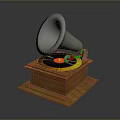 Vintage Gramophone with Metallic Horn and Rotating Turntable on Wooden Base