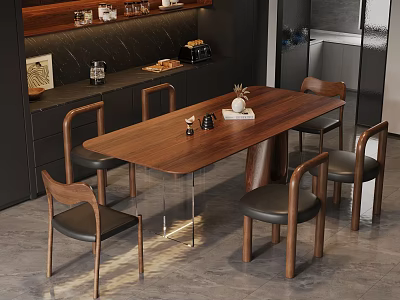 Modern Dining Space With Wooden Table Leather Seats Chairs And Decorative Items 3d model