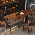 Modern Dining Space With Wooden Table Leather Seats Chairs And Decorative Items