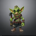 Green Goblin Character With Mohawk Hairstyle Pointed Ears Brown Scarf Belt Blue Shorts And Hammer