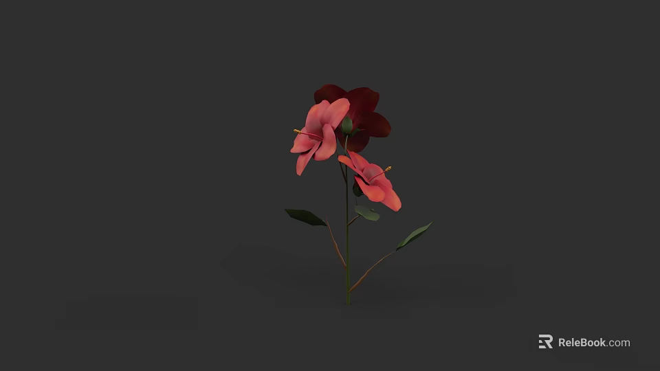Ceramic Vase With Red And Pink Flowers And Green Leaves On Black Background 3d model 