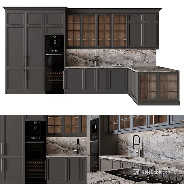 Elegant Modern Kitchen Cabinets With Dark Gray Glass Doors And Marble Countertop 3d model 