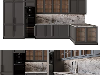 Elegant Modern Kitchen Cabinets With Dark Gray Glass Doors And Marble Countertop 3d model