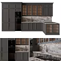 Elegant Modern Kitchen Cabinets With Dark Gray Glass Doors And Marble Countertop
