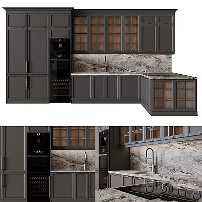 Elegant Modern Kitchen Cabinets With Dark Gray Glass Doors And Marble Countertop 3d model