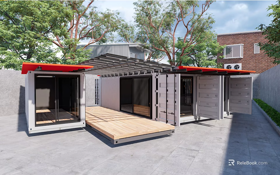 Open Structure Container Station with Red Roof Wooden Deck Surrounded by Trees and Brick Building 3d model 