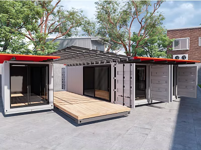 Open Structure Container Station with Red Roof Wooden Deck Surrounded by Trees and Brick Building 3d model